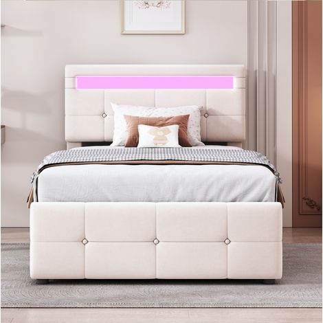 Bett Kinderbett Stauraum 90x200 Samt LED Beige OKMYHOME (1/5)