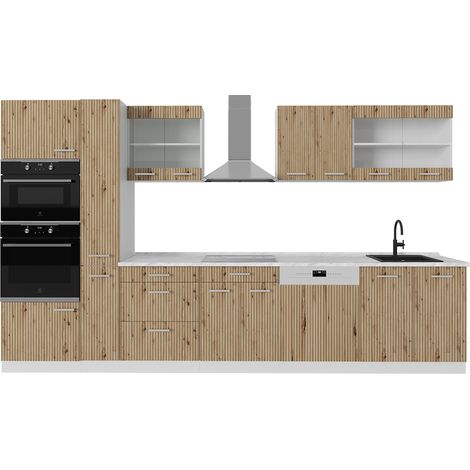 Mueble de cocina R-Line, Roble artesanal/blanco, 350 cm con armario alto, sin encimera, Vicco