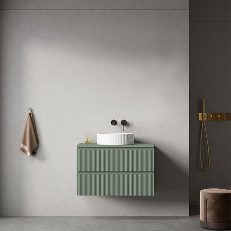 Mobile bagno sospeso cannettato 80 cm Verde Salvia per Lavabo d'appoggio Senza Specchio - Fiji Paint Top Canneté (1/4)
