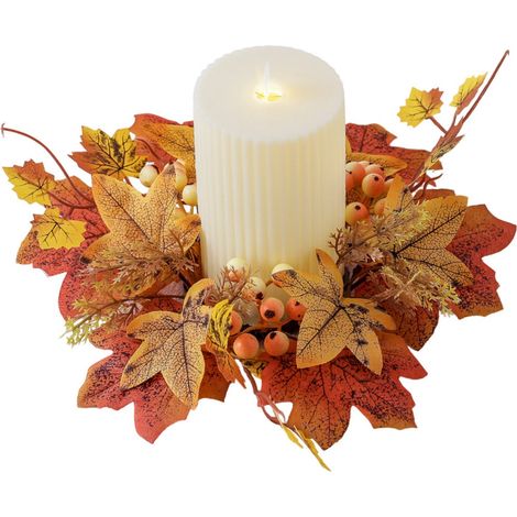 Anneau De Bougie Automne - Feuilles D'érable Et Citrouilles En Pvc - Pour Bougies Pilier Ou Led - Décor De Table Pour Thanksgiving Et Noël - 1 Pièce (1/5)