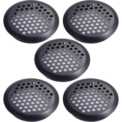 Lot de 5 grilles d'aération rondes en acier inoxydable, noires, pour cuisine, salle de bain et placards.