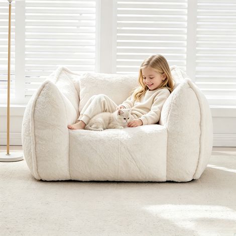 Canapé Pouf géant avec coussin – Fausse fourrure ultra douce – Mousse haute densité – Design ergonomique – Sans montage – 123×97×73 cm – Beige (1/5)
