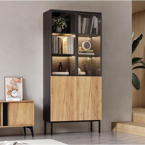 Vitrine en verre 74 x 31 x 180 cm avec LED, 4 portes, noire et chêne DESVIAE (1/5)