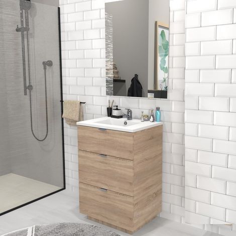 Le Quai Des Affaires – Ensemble meuble sous-vasque 3 tiroirs 60 cm – Vasque résine double – Miroir 70 x 100 cm – Décor chêne blanchi – Coulisses amorties (1/5)