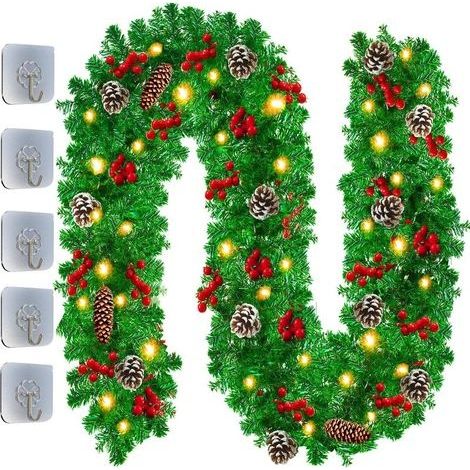 Guirlande Noel, Guirlande Sapin Artificiel de 270 cm, Guirlande Escalier Noel avec Lumières, Pomme de Pin Noël Decoration Noel pour Lntérieur ou Extérieur, Cheminée, Escalier, Portes, Fenêtres (1/5)