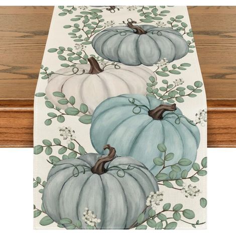 Chemin de table d'automne en eucalyptus à citrouilles bleues, décoration de table de cuisine saisonnière, 33x183 cm (1/5)