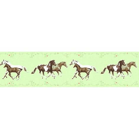 Frise murale idéale chambre enfant | Frise papier peint verte motif cheval | Frise tapisserie verte animaux chambre fille - 5,00 x 0,13 m (1/3)