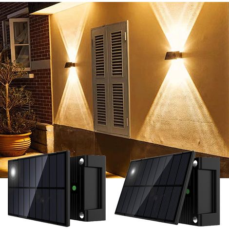 Lot de 2 appliques murales solaires d'extérieur - Éclairage LED - Étanche - Sans fil - Étanche - Clôture étanche - Pour chemin, garage (blanc chaud x 2) (1/5)