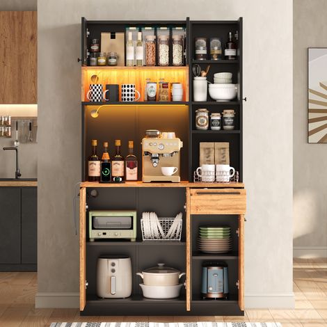 Buffet Haut de Cuisine 105x40x180 cm, LED RGB, Prises, USB, Porte Basculante en Verre, Range-Bouteilles Amovible et Porte-Verres, MDF - Naturel (1/5)