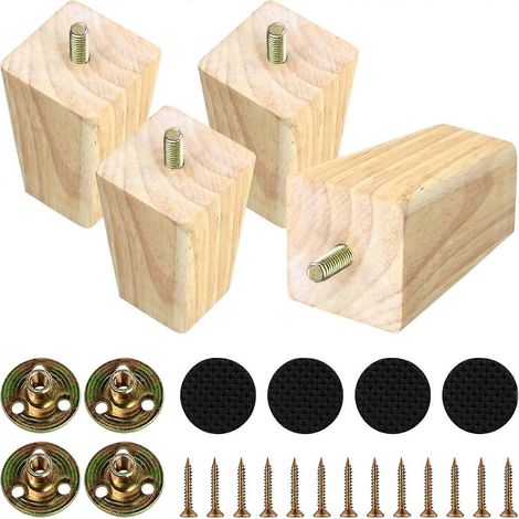 Ensemble de 4 pieds de meubles en bois massif de 10 cm (4 pouces), pieds carrés pour canapé, adaptés aux bureaux, armoires, bancs, coiffeuses, chaises, rehausseurs de bibliothèque, 7,5 cm (3 pouces).. (1/5)
