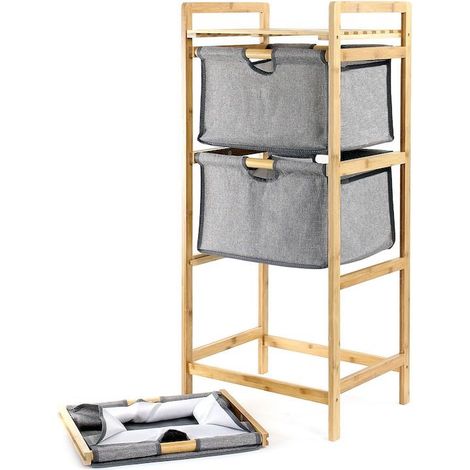 Panier à Linge Meuble Bambou, 3 niveaux, 3 bacs 96 cm de haut (1/5)