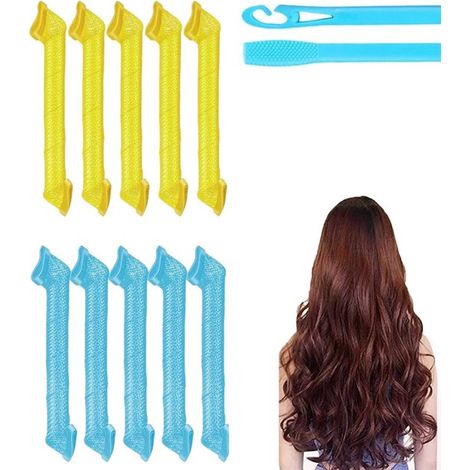 Boucles sans chaleur - 12 30 cm Bleu & jaune boucles sans chaleur - Vagues sans chaleur - Fer à boucler - Bigoudis - Épingles à cheveux bouclantes (1/5)