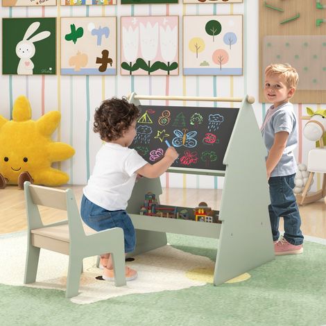 Chevalet d'Art pour Enfants avec Tabouret Ensemble 2 en 1 Tabouret et Tableau Noir Double Face avec Support Vert (1/2)