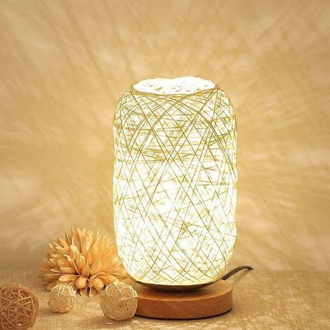 Lampe de chevet support bois corde rotin (beige) (1/5)