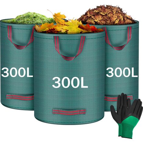 3x300LSacs de Jardin, Sacs à Déchets de Jardin, Sacs de Déchets Jardin Résistants, Sac déchet en PP Robuste avec Poignées, Pliables et Réutilisables(Gants de Jardinage) (1/5)