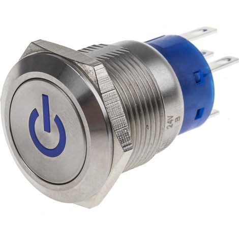 Bouton-poussoir, Verrouillable lumineux, LED Bleu, Unipolaire à deux directions (1RT), 5 A, Argent, Montage panneau 24V ( Prix pour 1 ) (1/2)