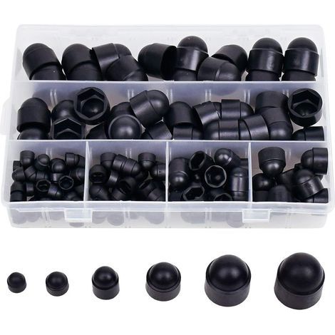 Lot de 145 cache-écrous hexagonaux en caoutchouc, capuchons de vis, écrous en plastique avec boîte de rangement, 145 pièces noires M4 M5 M6 M8 M10 M12