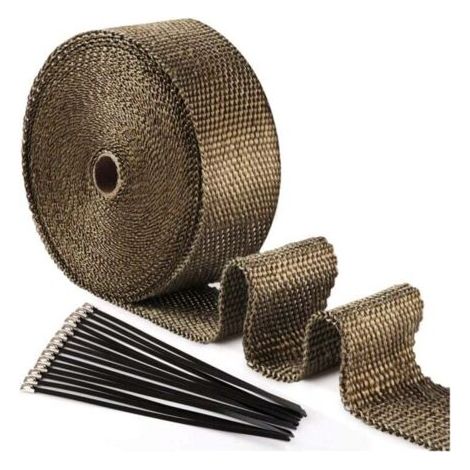 Cinta aislante térmica de titanio negro de 15 m x 50 mm con bridas de acero inoxidable para colector de escape de motocicleta.