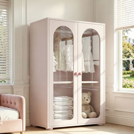 Armoire 2 portes, meuble de rangement chambre, penderie enfant, portes acryliques transparentes, poignées céramique, rose bébé, 80×50×120 cm (1/5)