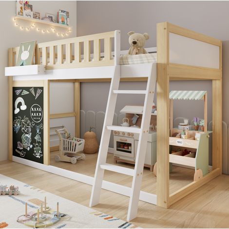 Cama alta infantil 90x200 cm en pino y MDF blanco, con almacenaje, sin colchón – MEUBLIV (1/5)