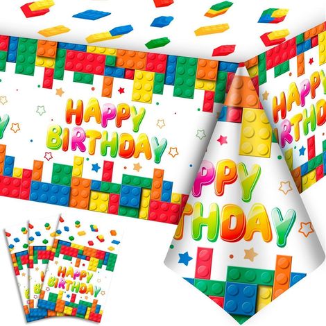 3er Set Bausteine Geburtstag Tischdecke, Partydeko für Kindergeburtstage
