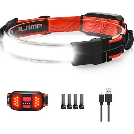 Lampe frontale LED (orange) rechargeable, lampe torche à faisceau large, étanche, idéale pour la pêche, la course à pied et le camping. (1/5)