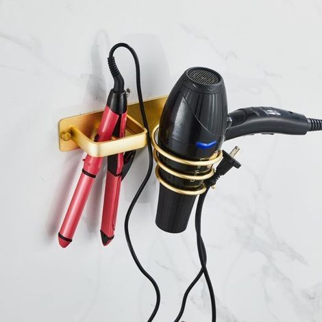 Support mural pour sèche-cheveux et lisseur avec range-câbles doré (1/3)