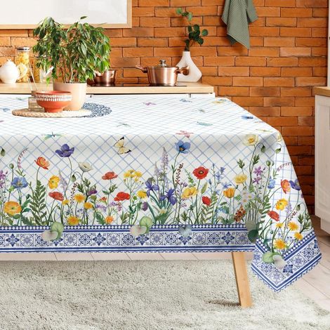 Blumentischdecke rechteckig 140x180 cm Polyester mit Blumenmuster blau