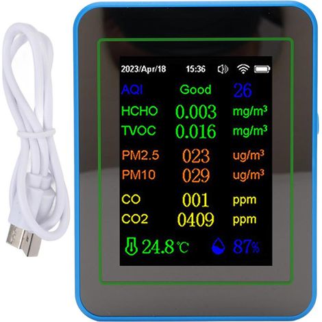 Eosnow Luftqualitätsmessgerät, 12-in-1, WiFi, CO2, TVOC, HCHO, Temperatur, Luftfeuchtigkeit, Smart Detect, Innenbereich, batteriebetrieben, mit Zeitanzeige, Weiß + Blau