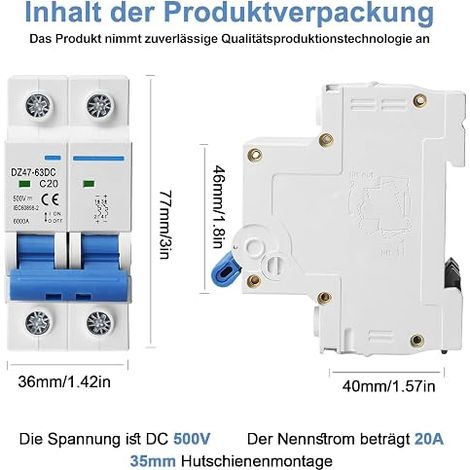 DC Circuit Breaker PV System 500V 20A 2 Pole Solar Circuit Breaker Automatic Circuit Breaker for Photovoltaic Systems Protective Air Circuit Breaker DIN Rail Mount 35 (1/4)
