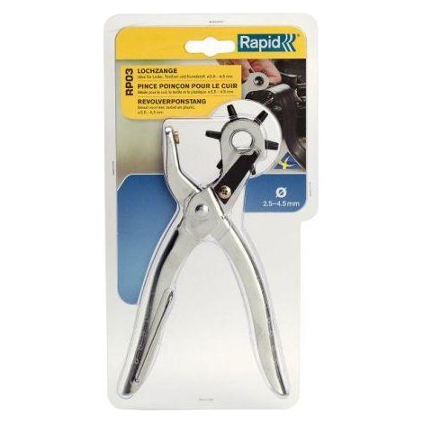 Pinza para punzones rotativos RAPID RP03 de acero cromado, agujeros Ø 2,5 a 4,5 mm, mango bloqueable
