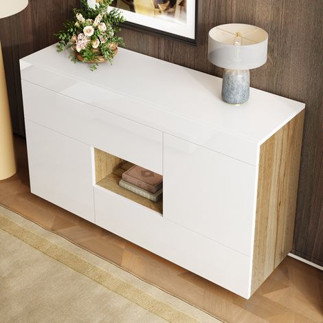 Buffet laqué brillant avec vitrine, éclairage LED multicolore et tiroirs, meuble de rangement élégant pour salon ou salle à manger (1/5)