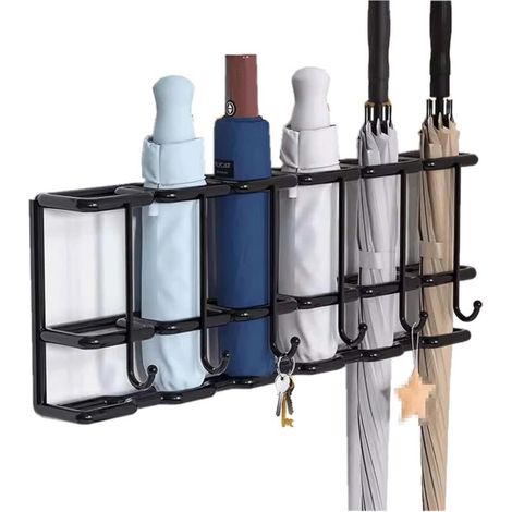 Porte-parapluie mural d'intérieur - avec crochets, convient pour la maison, le bureau, l'appartement, etc., 1 pièce, noir. (1/5)