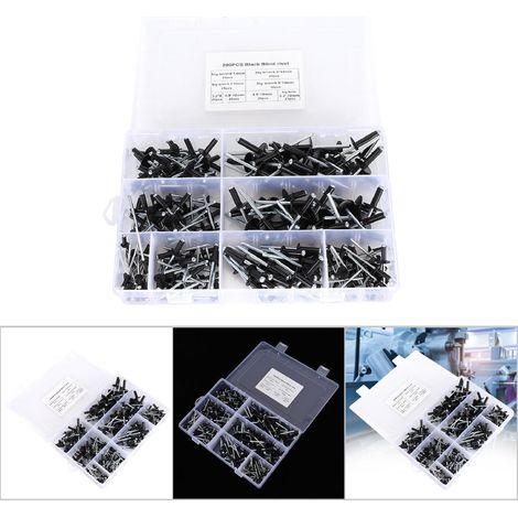 Kit de 200 rivets aveugles en aluminium, assortiment de fixations 3.2/4.0/4.8mm, couleur noire (1/5)