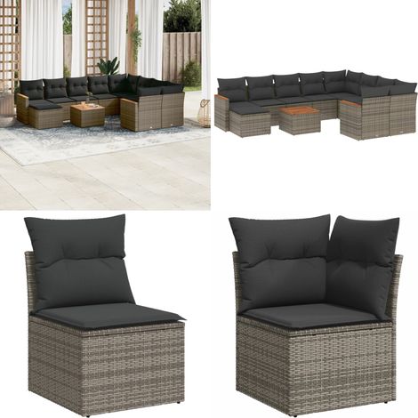 11-tlg. Garten-Sofagarnitur mit Kissen Grau Poly Rattan - Gartenmöbel Set - Rattan Gartenmöbel - PE-Rattan Gartenmöbel - Outdoor Lounge Set - Esstisch Set - Home & Living (1/5)