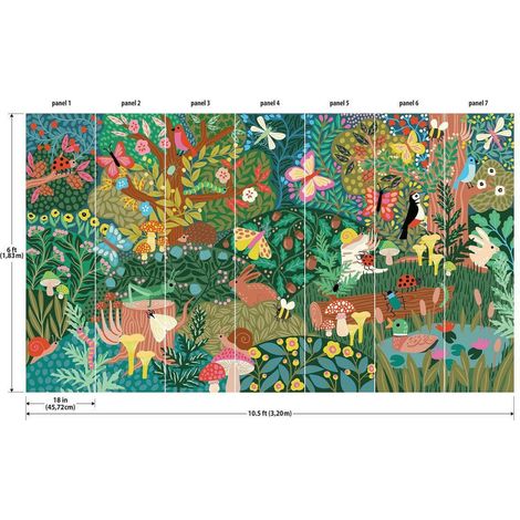 Papier Peint panoramique auto-adhésif La forêt dessin naïf 3,2 m x 1,83 m (1/5)