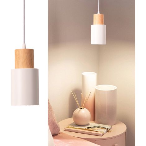 Plafonnier scandinave métal et bois blanc 10cm