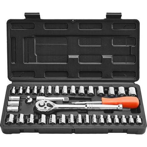 VEVOR Set di Bussole, 39 Pezzi, Set di Bussole e Cricchetti da 9,5 e 6,4 mm, SAE e Metriche, Utensili Meccanici con Chiave a Cricchetto, Custodia Accessori, Acciaio Legato CR-V, per Riparazioni Auto (1/5)