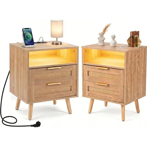 COSTWAY Comodino Camera Letto Tavolino Laterale Cassetto Scomparto Ripiano Stazione Ricarica Prese Luci Led Regolabile Moderno Salvaspazio Design Basso Piccol (1/5)