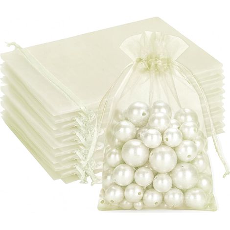Lot de 50 sacs en organza beige clair 10 x 15 cm : sacs cadeaux en organza avec cordon de serrage, pour un usage cadeau, occasion mariage, bijoux (1/5)