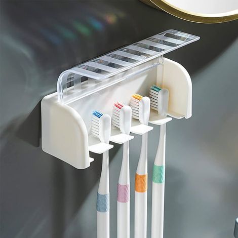 Porte-brosses à dents mural 5 emplacements avec couvercle. Adhésif puissant, idéal salle de bain et douche. Blanc. (1/5)
