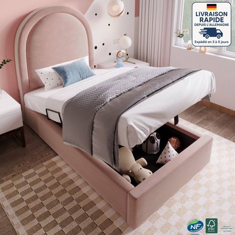 Modfu – Lit enfant 90x200 cm – Lit coffre en velours rose – Tête de lit demi-cercle – Sommier à lattes hydraulique – Rangement intégré (1/5)