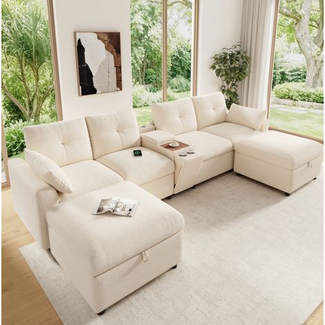Canapé d’angle modulaire 6 places U/L avec 2 poufs de rangement, console centrale, chenille beige (1/5)