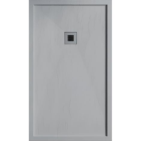 Mineralguss-Duschwanne extra flach mit Rand SARIN GRAU 90x90 cm Ablaufschutz in Chrom