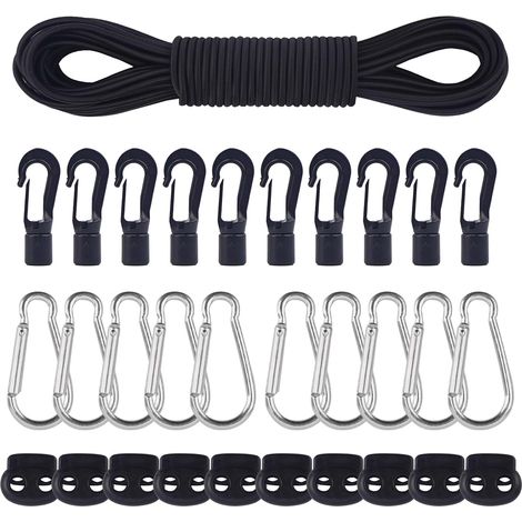 20M Tendeur Elastique avec Mousqueton Crochet Bouchon pour Bache Corde Élastique Diamètre 5mm Sangle Elastique 10 Mousqueton 10 Crochet et 10 Bouchon de Cordon pour Camping Transport Kayak (1/5)