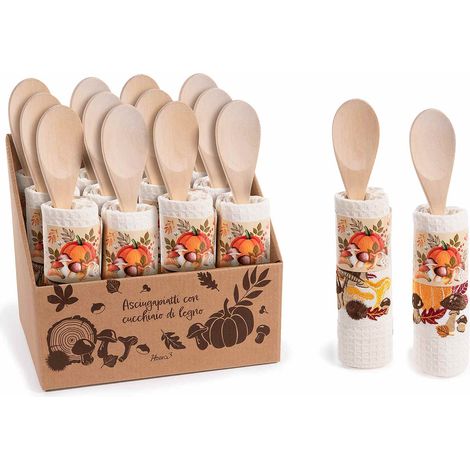 Cucchiaio in legno e asciugapiatti da cucina in cotone ricamato con decorazione tema autunnale, set da 12 pezzi, Asciugapiatti: 38 x 64 H