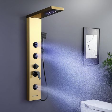 Tour de douche dorée avec mitigeur, 6 modes : pluie, cascade, massage corporel, douchette et buse de bain, colonne en acier inoxydable (1/5)