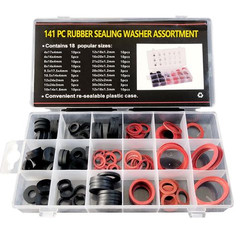 141 Pièces Rondelle en Caoutchouc et Joint Fibre, 18 Tailles Joint Torique d'Étanchéité, Faucet Washer Assortment Kit, Anneau de Rondelle Plat pour Robinet, Vanne, Pompe, Plomberie -Noir et Rouge (1/5)