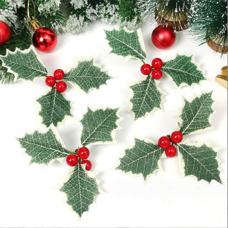 Lot 15 baies houx artificielles feuilles vertes baies rouges hiver couronnes (1/5)