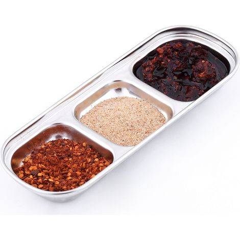 Assiette à sauces en acier inoxydable, assiette à apéritifs compartimentée, bol à trempette, vaisselle de cuisine à 3 compartiments (1/5)